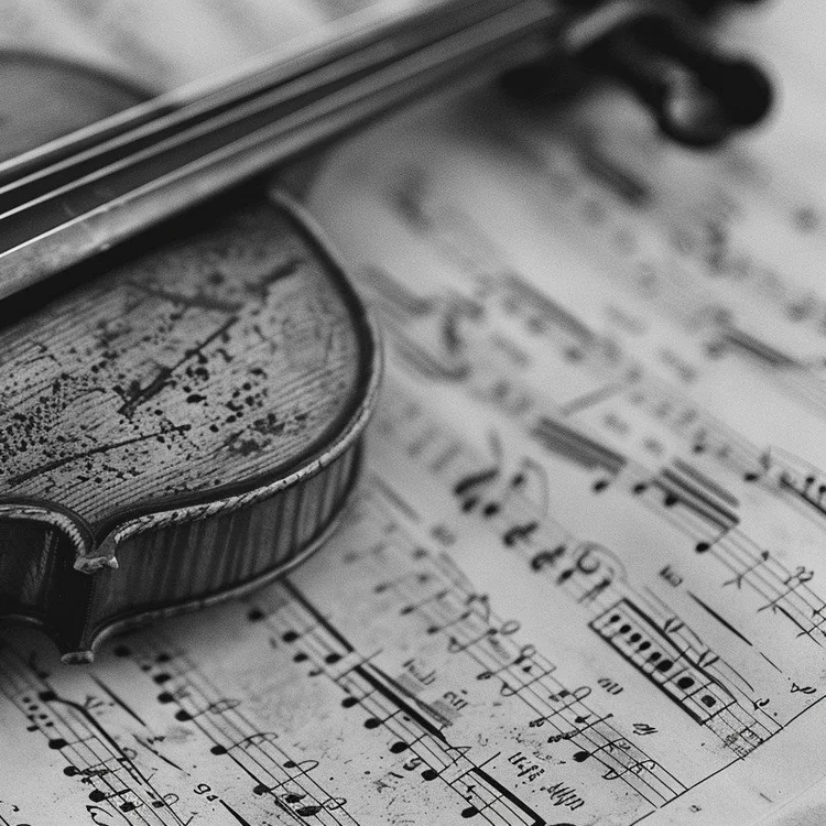 Un violín apoyado sobre una partitura, en blanco y negro