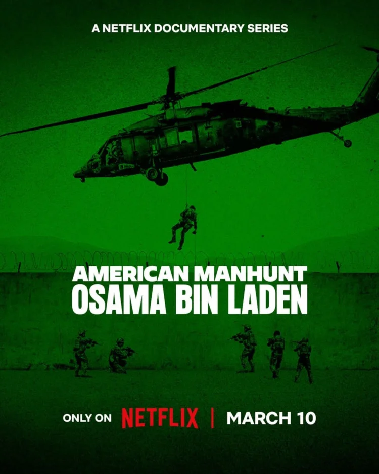 Póster de la serie documental American Manhunt: Osama bin Laden, de Netflix: un helicóptero en visión nocturna verde